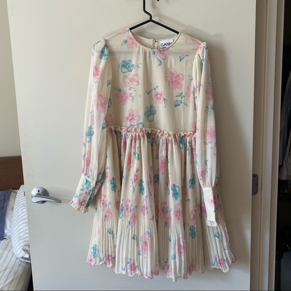 Ganni georgette floral white dress in afterglow